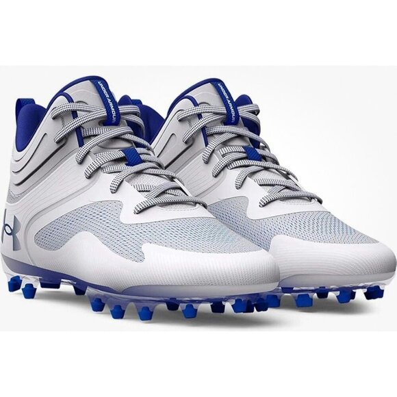 Under Armour Size 13.5:Men\'s Command MC Mid Lacrosse/Football Cleats White/Royal